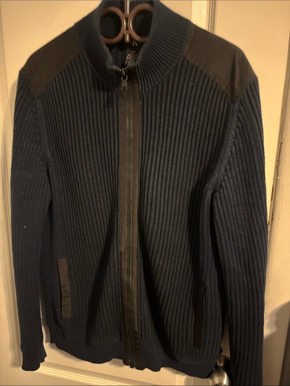 Calvin Klein Navy Ribbed Full-Zip Cardigan with Black Accents